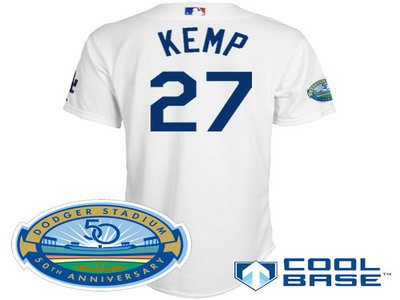Los Angeles Dodgers 27 Matt Kemp white Cool Base Jersey wDodger Stadium 50th Anniversary Patch