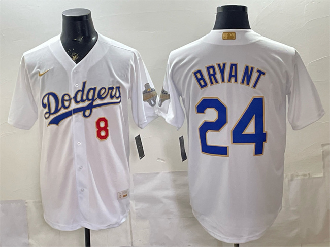 Men's Los Angeles Dodgers Front #8 Back #24 Kobe Bryant White 2026 Gold Collection Stadium Stitched Baseball Jersey Men's Los Angeles Dodgers Front #8 Back #24 Kobe Bryant White 2026 Gold Collection Stadium Stitched Baseball Jersey