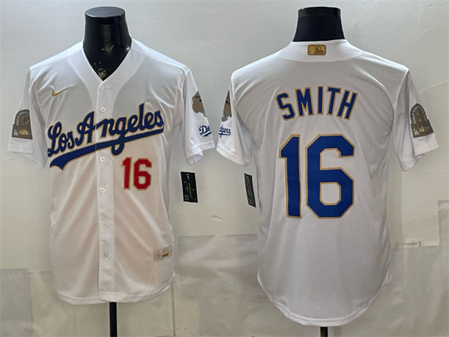 Men's Los Angeles Dodgers #16 Will Smith White 2026 Gold Collection 9x & B2B Champs Patch Stitched Baseball Jersey Men's Los Angeles Dodgers #16 Will Smith White 2026 Gold Collection 9x & B2B Champs Patch Stitched Baseball Jersey