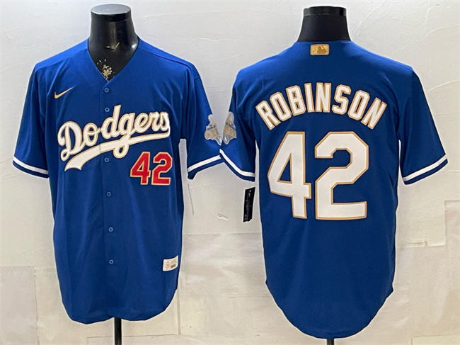Men's Los Angeles Dodgers #42 Jackie Robinson Royal 2026 Alternate Gold Collection Stadium Stitched Baseball Jersey Men's Los Angeles Dodgers #42 Jackie Robinson Royal 2026 Alternate Gold Collection Stadium Stitched Baseball Jersey
