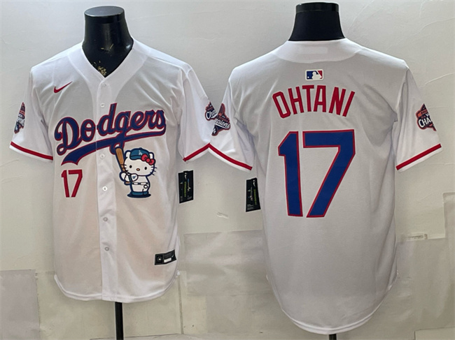 Men's Los Angeles Dodgers #17 Shohei Ohtani White Hello Kitty Night 2025 World Series Champions Patch Stitched Baseball Jersey