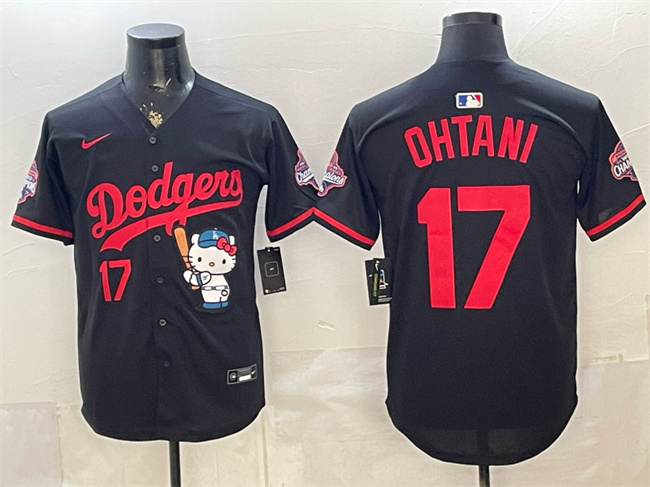 Men's Los Angeles Dodgers #17 Shohei Ohtani Black Hello Kitty Night 2025 World Series Champions Patch Stitched Baseball Jersey