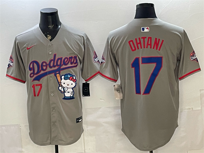 Men's Los Angeles Dodgers #17 Shohei Ohtani Grey Hello Kitty Night 2025 World Series Champions Patch Stitched Baseball Jersey