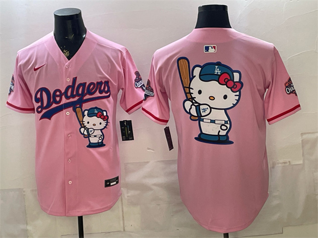 Men's Los Angeles Dodgers Team Big Logo Pink Hello Kitty Night 2025 World Series Champions Patch Stitched Baseball Jersey
