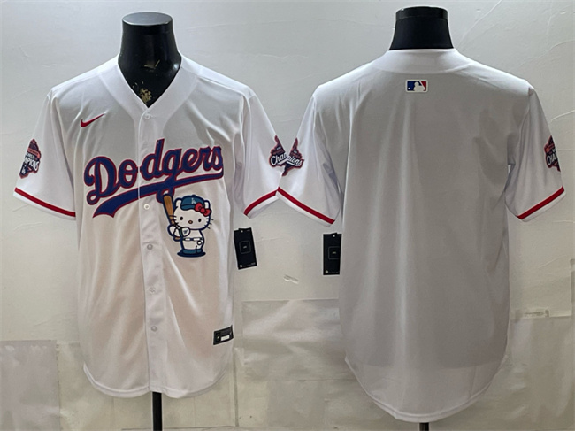 Men's Los Angeles Dodgers Blank White Hello Kitty Night 2025 World Series Champions Patch Stitched Baseball Jersey