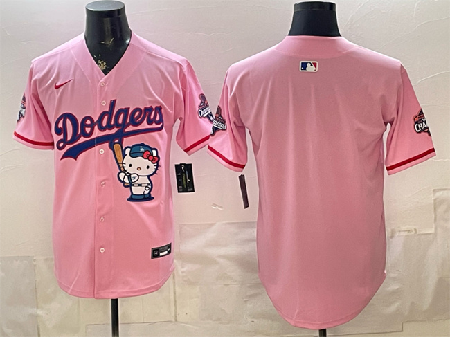 Men's Los Angeles Dodgers Blank Pink Hello Kitty Night 2025 World Series Champions Patch Stitched Baseball Jersey