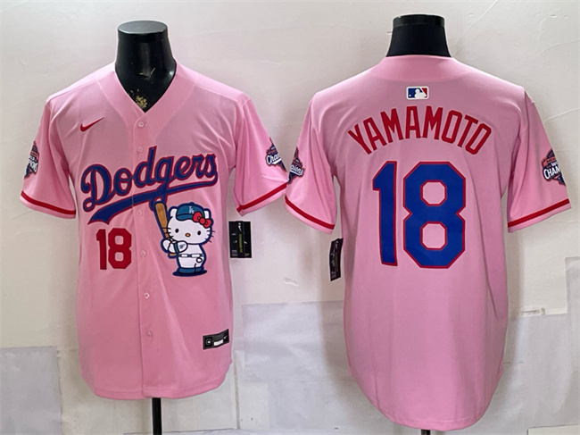 Men's Los Angeles Dodgers #18 Yoshinobu Yamamoto Pink Hello Kitty Night 2025 World Series Champions Patch Stitched Baseball Jersey