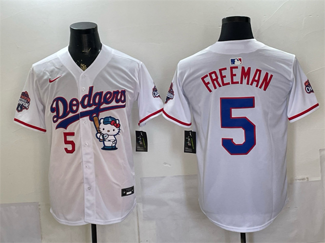 Men's Los Angeles Dodgers #5 Freddie Freeman White Hello Kitty Night 2025 World Series Champions Patch Stitched Baseball Jersey