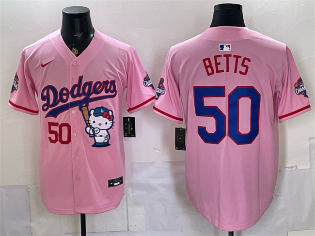 Men's Los Angeles Dodgers #50 Mookie Betts Pink Hello Kitty Night 2025 World Series Champions Patch Stitched Baseball Jersey