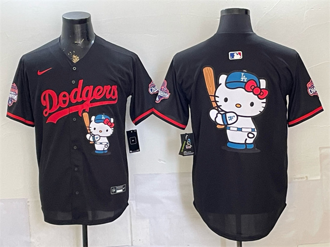 Men's Los Angeles Dodgers Team Big Logo Black Hello Kitty Night 2025 World Series Champions Patch Stitched Baseball Jersey