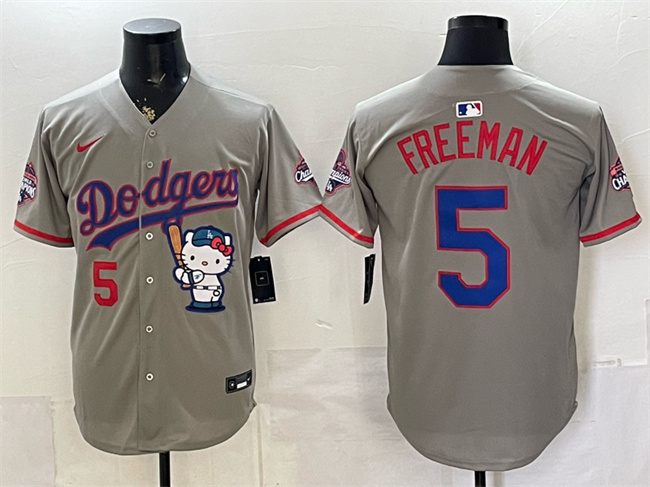 Men's Los Angeles Dodgers #5 Freddie Freeman Grey Hello Kitty Night 2025 World Series Champions Patch Stitched Baseball Jersey