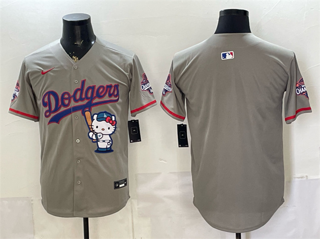 Men's Los Angeles Dodgers Blank Grey Hello Kitty Night 2025 World Series Champions Patch Stitched Baseball Jersey