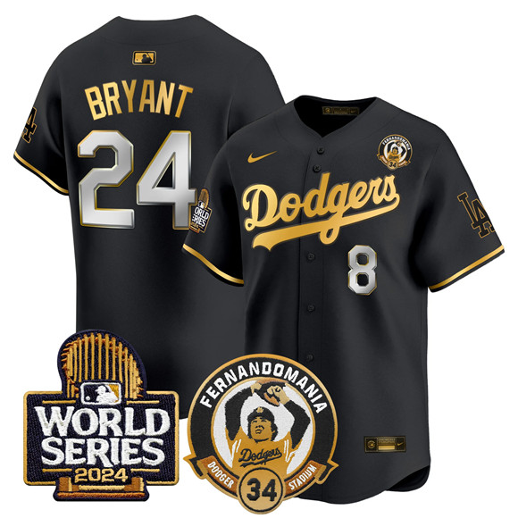 Men's Los Angeles Dodgers Front #8 Back #24 Kobe Bryant Black Gold Fernando Valenzuela & 2024 World Series Patch Limited Stitched Baseball Jersey
