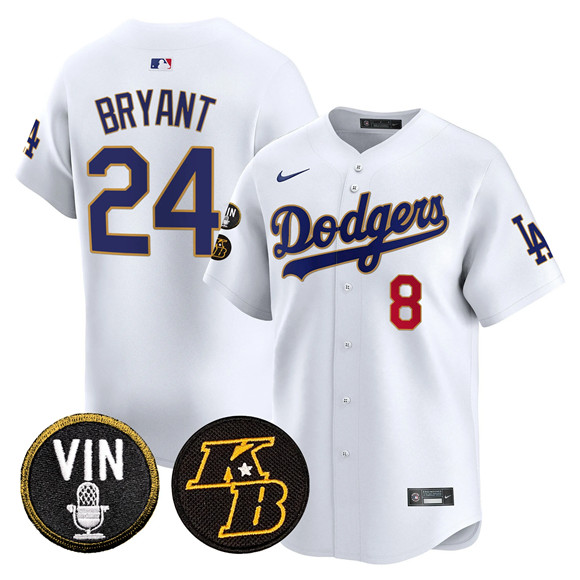 Men's Los Angeles Dodgers Front #8 Back #24 Kobe Bryant White 2026 Vin & Kobe Patch Gold Trim Vapor Premier Limited Stitched Baseball Jersey