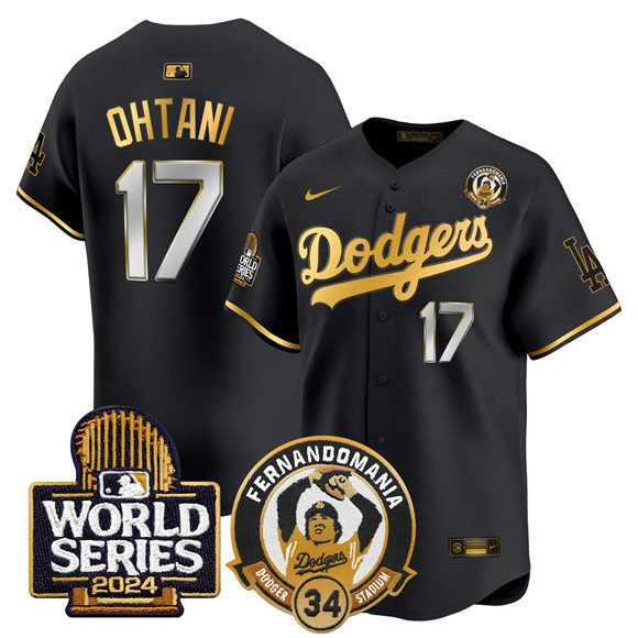 Men's Los Angeles Dodgers #17 Shohei Ohtani Black Gold Fernando Valenzuela & 2024 World Series Patch Limited Stitched Baseball Jersey