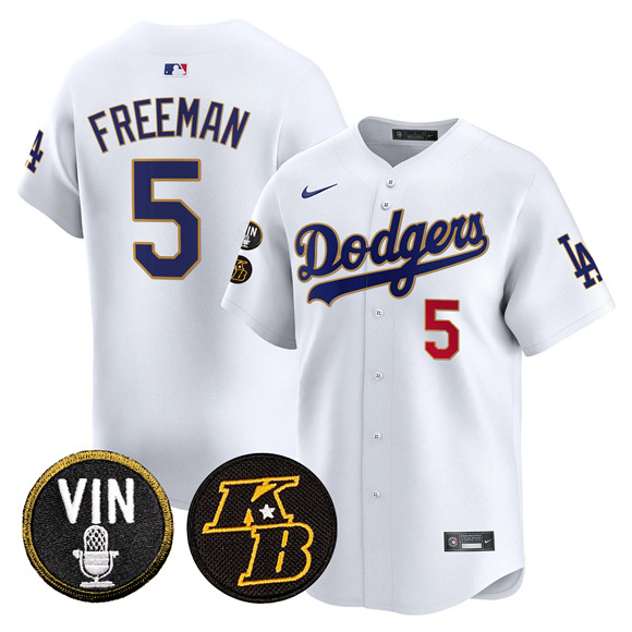 Men's Los Angeles Dodgers #5 Freddie Freeman White 2026 Vin & Kobe Patch Gold Trim Vapor Premier Limited Stitched Baseball Jersey