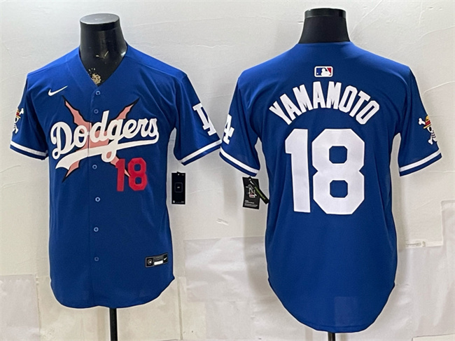 Men's Los Angeles Dodgers x One Piece #18 Yoshinobu Yamamoto Royal Vapor Premier Limited Stitched Baseball Jersey