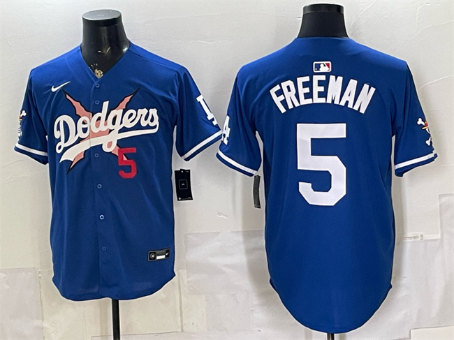 Men's Los Angeles Dodgers x One Piece #5 Freddie Freeman Royal Vapor Premier Limited Stitched Baseball Jersey