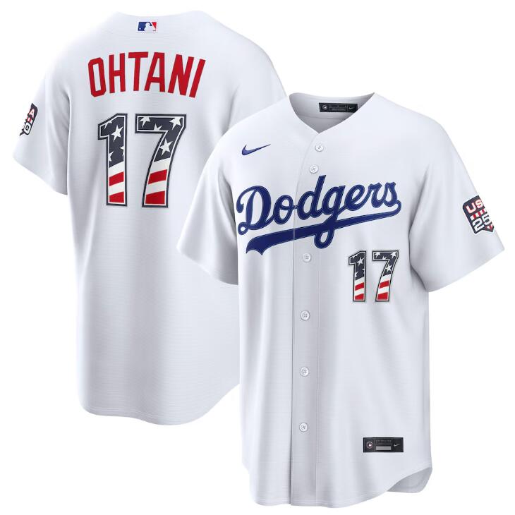 Men's Los Angeles Dodgers #17 Shohei Ohtani White 250 Fourth of July Home Stadium Stitched Baseball Jersey