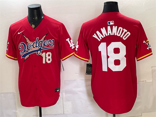Men's Los Angeles Dodgers x One Piece #18 Yoshinobu Yamamoto Red Vapor Premier Limited Stitched Baseball Jersey Men's Los Angeles Dodgers x One Piece #18 Yoshinobu Yamamoto Red Vapor Premier Limited Stitched Baseball Jersey