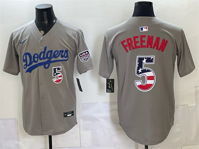 Men's Los Angeles Dodgers #5 Freddie Freeman Grey 250 Fourth of July Road Stitched Baseball Jersey