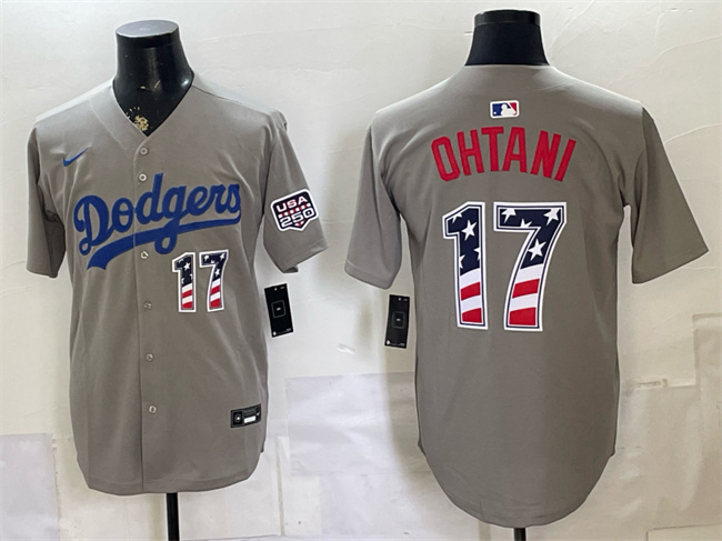 Men's Los Angeles Dodgers #17 Shohei Ohtani Grey 250 Fourth of July Road Stitched Baseball Jersey