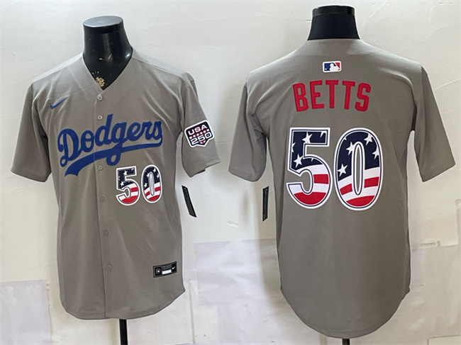 Men's Los Angeles Dodgers #50 Mookie Betts Grey 250 Fourth of July Road Stitched Baseball Jersey
