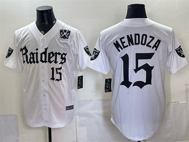Men's Las Vegas Raiders #15 Fernando Mendoza White 'Gothic Sin City Shadows Edition' With 65th Anniversary Patch Vapor Limited Stitched Baseball Jersey