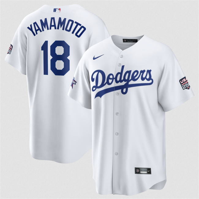 Men's Los Angeles Dodgers #18 Yoshinobu Yamamoto White 2026 All-Star Game & USA 250 Patch Stitched Baseball Jersey