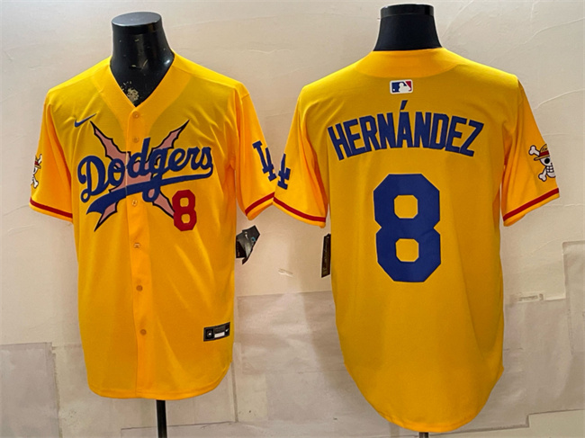 Men's Los Angeles Dodgers x One Piece #8 Enrique Hernández Yellow Vapor Premier Limited Stitched Baseball Jersey