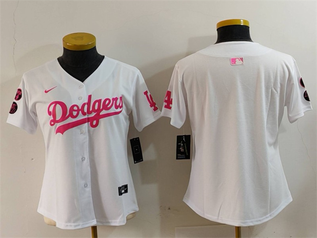 Women's Los Angeles Dodgers Blank White Pink Vin & Kobe Patch Stitched Baseball Jersey(Run Small) Women's Los Angeles Dodgers Blank White Pink Vin & Kobe Patch Stitched Baseball Jersey(Run Small)