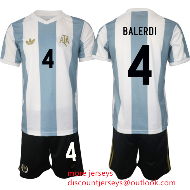 Men's Argentina #4 Leonardo Balerdi White Blue 2024-25 50th Anniversary Home Soccer Jersey Suit