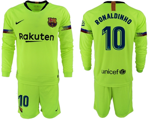 Barcelona #10 Ronaldinho Away Long Sleeves Soccer Club Jersey