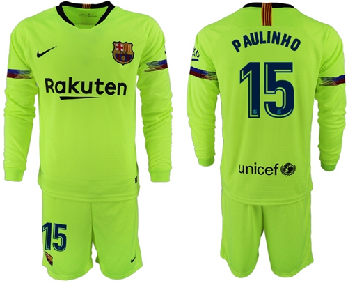 Barcelona #15 Paulinho Away Long Sleeves Soccer Club Jersey