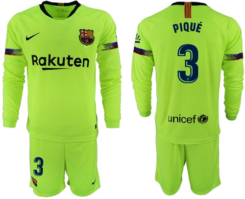 Barcelona #3 Pique Away Long Sleeves Soccer Club Jersey