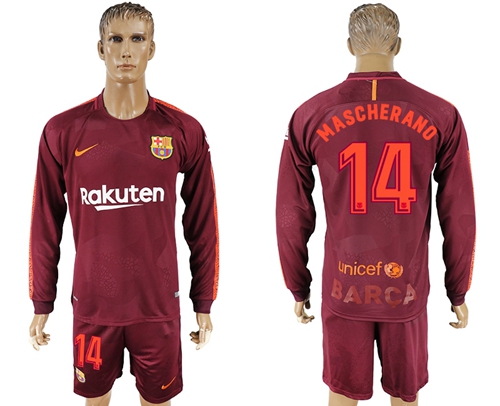 Barcelona #14 Mascherano Sec Away Long Sleeves Soccer Club Jersey