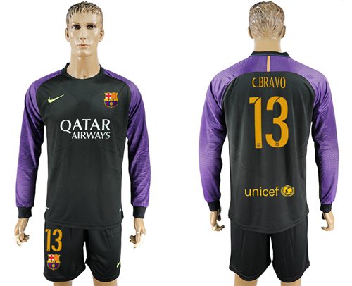 Barcelona #13 C.Bravo Black Goalkeeper Long Sleeves Soccer Club Jersey