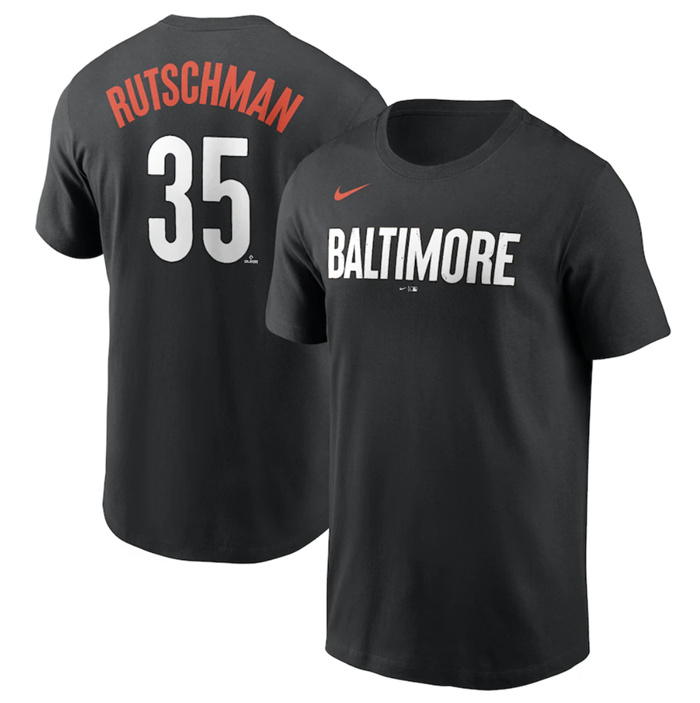 Men's Baltimore Orioles #35 Adley Rutschman Black 2023 City Connect Name & Number T-Shirt Men's Baltimore Orioles #35 Adley Rutschman Black 2023 City Connect Name & Number T-Shirt