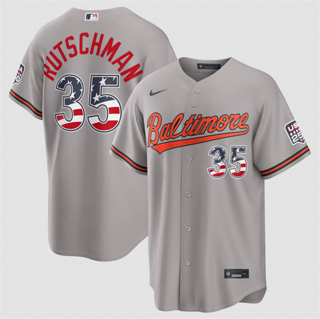 Men's Baltimore Orioles #35 Adley Rutschman Grey USA 250 Fourth of July Home Stitched Baseball Jersey
