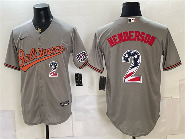 Men's Baltimore Orioles #2 Gunnar Henderson Grey USA 250 Fourth of July Home Stitched Baseball Jersey