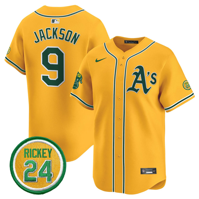 Men's Oakland Athletics #9 Reggie Jackson Yellow 2024 Limited With Rickey Henderson Patch Stitched Jersey Men's Oakland Athletics #9 Reggie Jackson Yellow 2024 Limited With Rickey Henderson Patch Stitched Jersey
