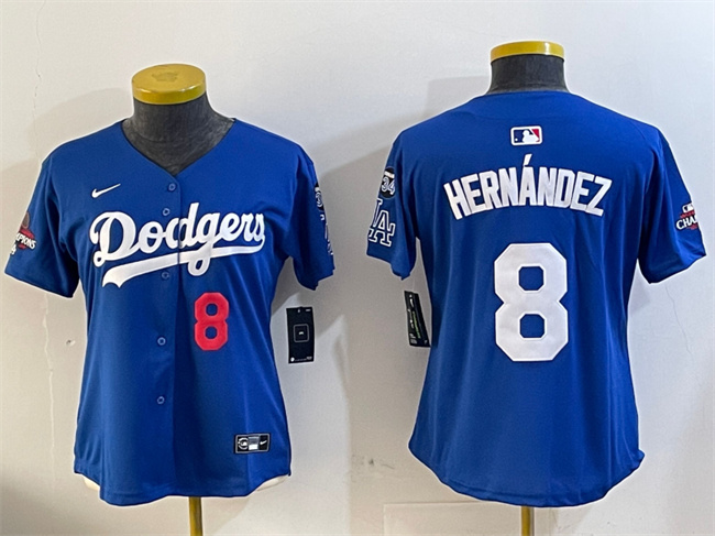 Women's Los Angeles Dodgers #8 Enrique Hernández Royal 2024 World Series Champions With Fernando Memorial Patch Alternate Limited Stitched Baseball Jersey(Run Small)