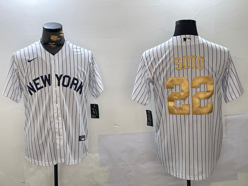 Men's New York Yankees #22 Juan Soto White Pinstripe Fashion Cool Base Jersey 1 Men's New York Yankees #22 Juan Soto White Pinstripe Fashion Cool Base Jersey 1