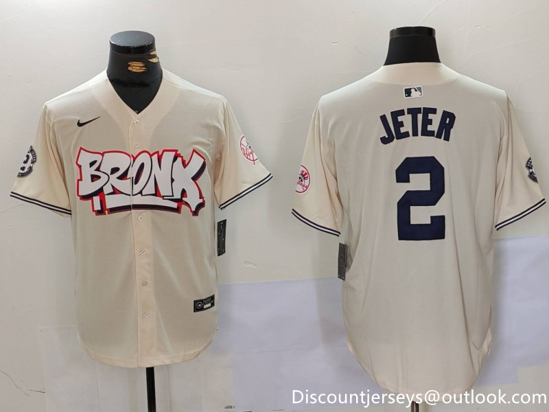 Men's New York Yankees #2 Derek Jeter Cream The Bronx Graffiti V2 Vapor Limited Stitched Baseball Jersey 6 Men's New York Yankees #2 Derek Jeter Cream The Bronx Graffiti V2 Vapor Limited Stitched Baseball Jersey 6