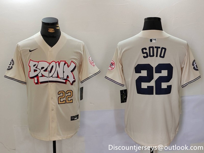 Men's New York Yankees #22 Juan Soto Cream The Bronx Graffiti V2 Vapor Limited Stitched Baseball Jersey 1