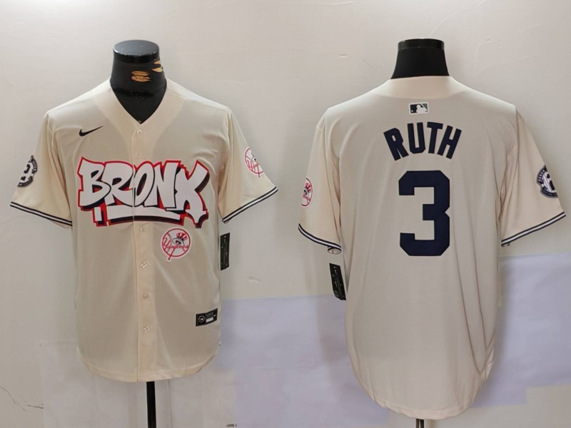 Men's New York Yankees #3 Babe Ruth Cream The Bronx Graffiti V2 Vapor Limited Stitched Baseball Jersey