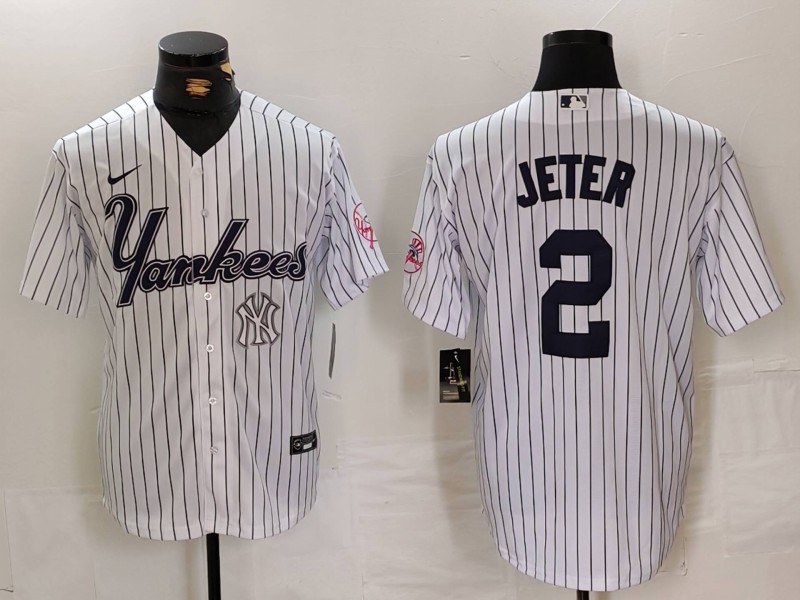 Men's New York Yankees #2 Derek Jeter White Cool Base Stitched Baseball Jersey 1