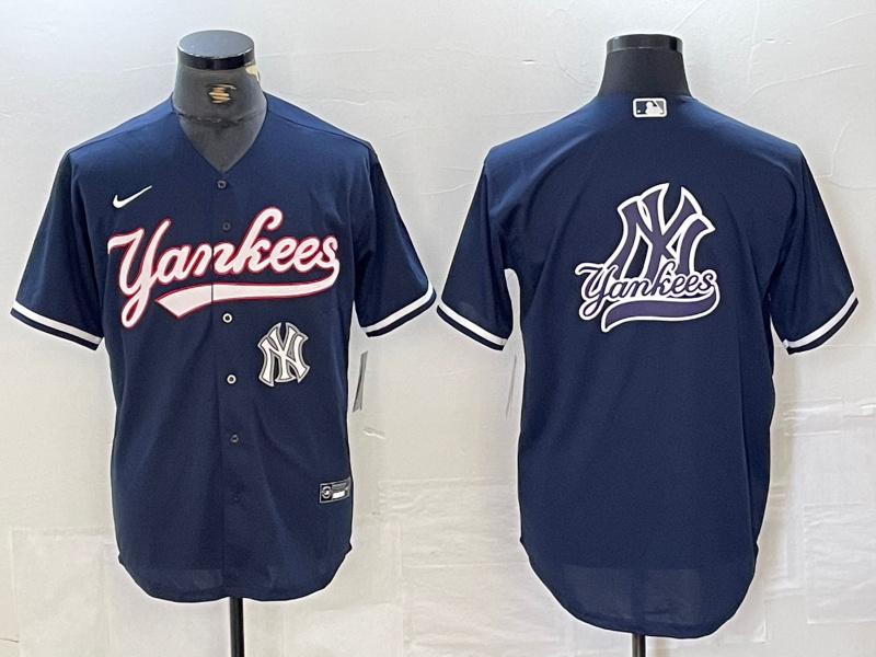 Men's New York Yankees Big LOGO Navy Cool Base Stitched Baseball Jersey 16