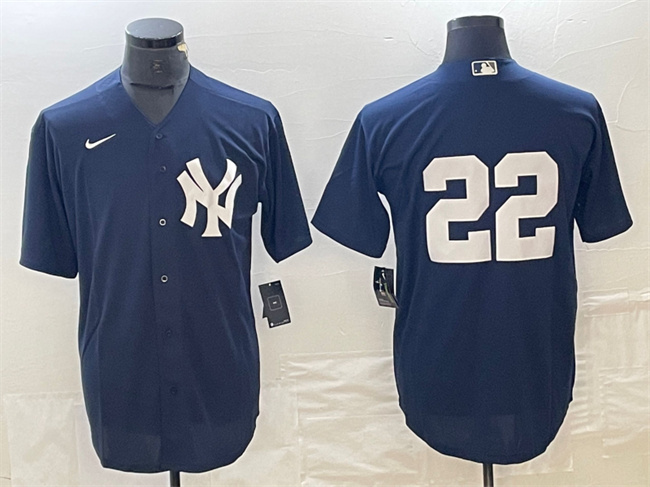 Men's New York Yankees #22 Juan Soto Navy Cool Base Stitched Baseball Jerseys