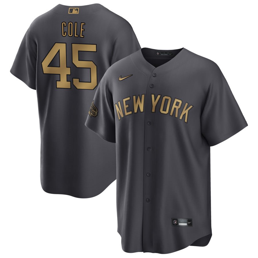 Men's New York Yankees #45 Gerrit Cole 2022 All-Star Charcoal Cool Base Stitched Baseball Jersey Men's New York Yankees #45 Gerrit Cole 2022 All-Star Charcoal Cool Base Stitched Baseball Jersey